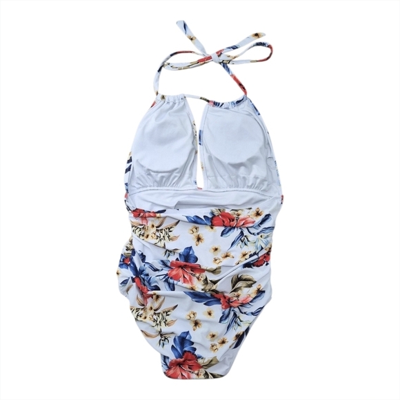 Floral White One-Piece Ruched Swimsuit – Size Large - Picture 4 of 13